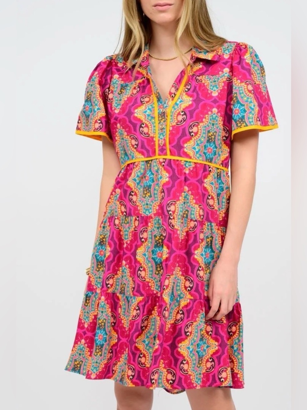 NWT Uncle Frank Medallion Tiered Cotton Dress Cherry Pink Boho Paisley Small